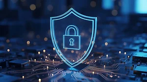 Glowing shield padlock circuit board digital security