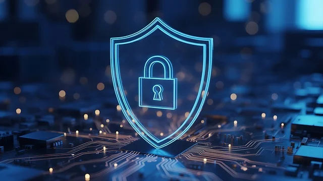 Glowing shield padlock circuit board digital security